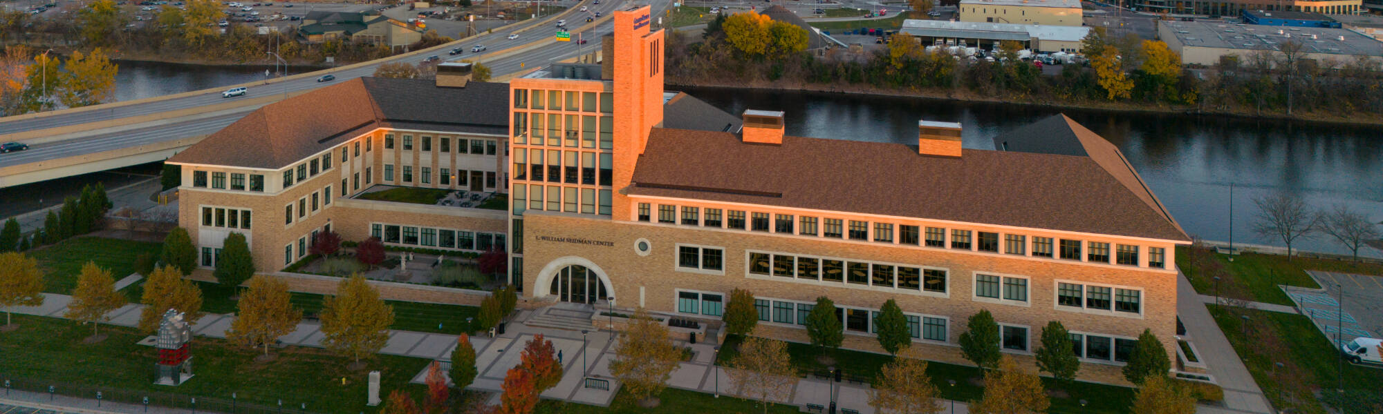 Exterior view of the L. William Seidman Center on Grand Valley State University's Pew Campus. Taken by Mitch Ranger with a drone in the Fall of 2022.